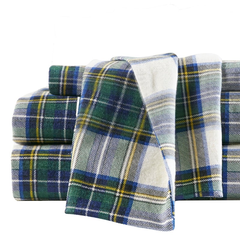 Comfort Spaces Cotton Flannel Sheets Twin Size, Ultra Soft Flannel Sheet Set with 12" Elastic Pocket , Plain Print Warm Flannel Bedding, Scottish Plaid Green 3 Piece - Image 1